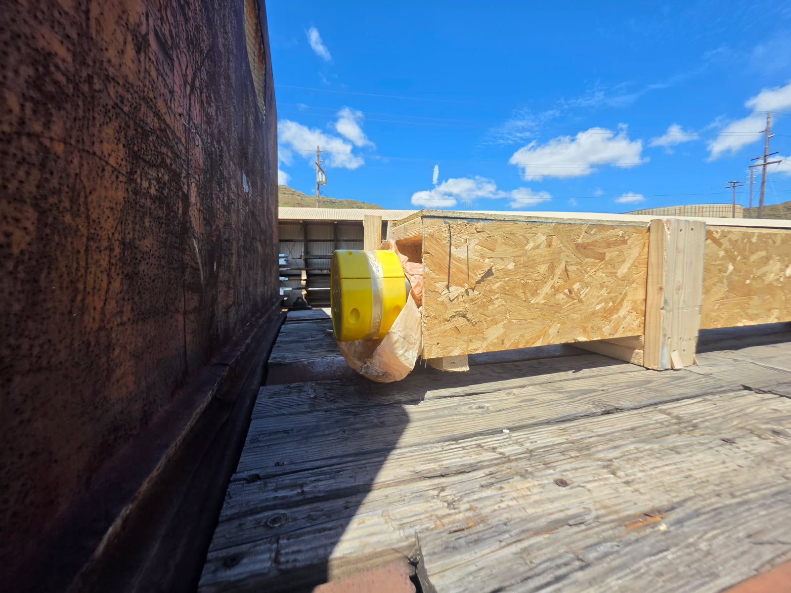 Close view of custom crated project cargo prepared for freight transport